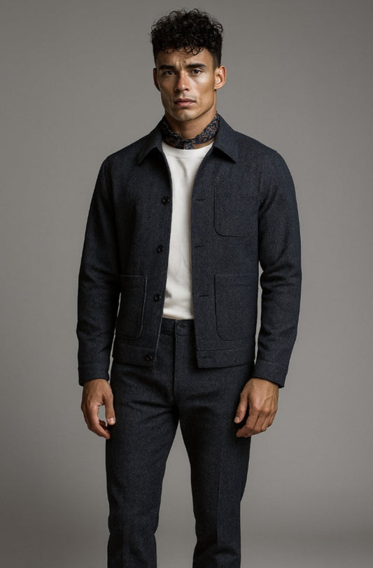 Man wearing a dark denim jacket over a white shirt on a gray background