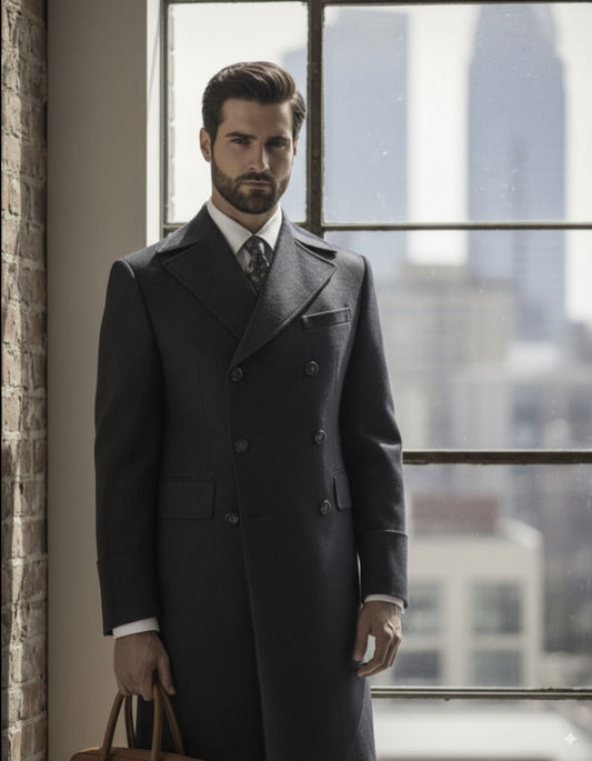 Man in a dark overcoat standing by a window with cityscape view