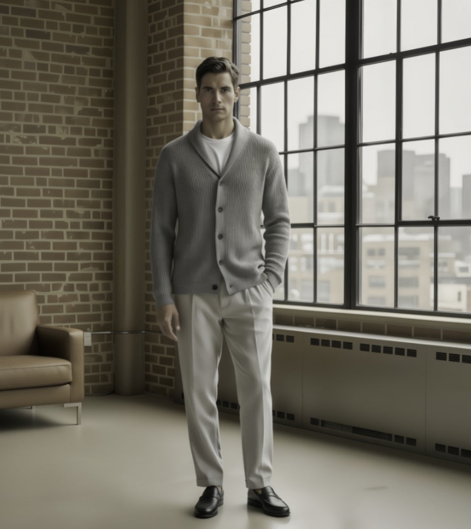 Man wearing a gray cardigan and light gray pants standing in a room with a brick wall and large window.