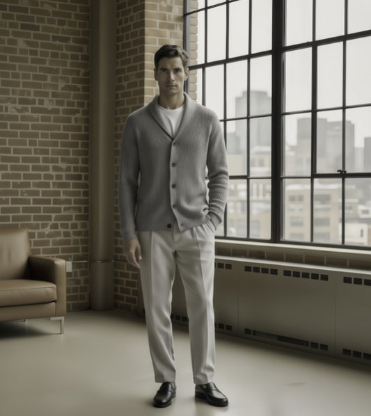 Man wearing a gray cardigan and light gray pants standing in a room with a brick wall and large window.