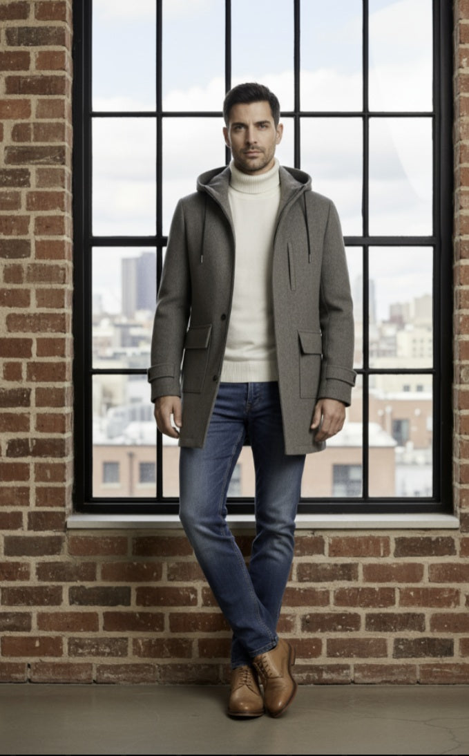 Man wearing a gray coat, white sweater, blue jeans, and brown boots standing in front of a large window with a cityscape view.