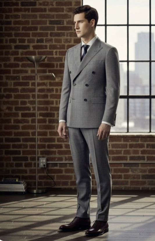 Man wearing a gray suit standing in a room with brick walls and large windows.