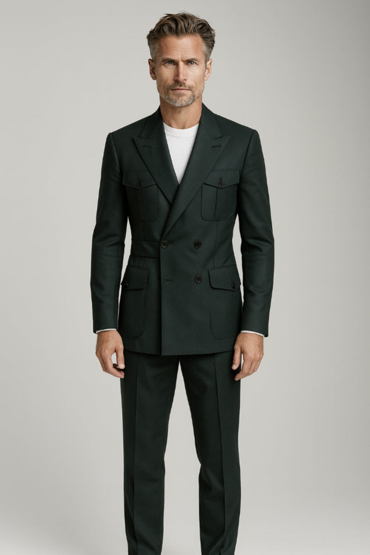 Man wearing a green suit on a grey background