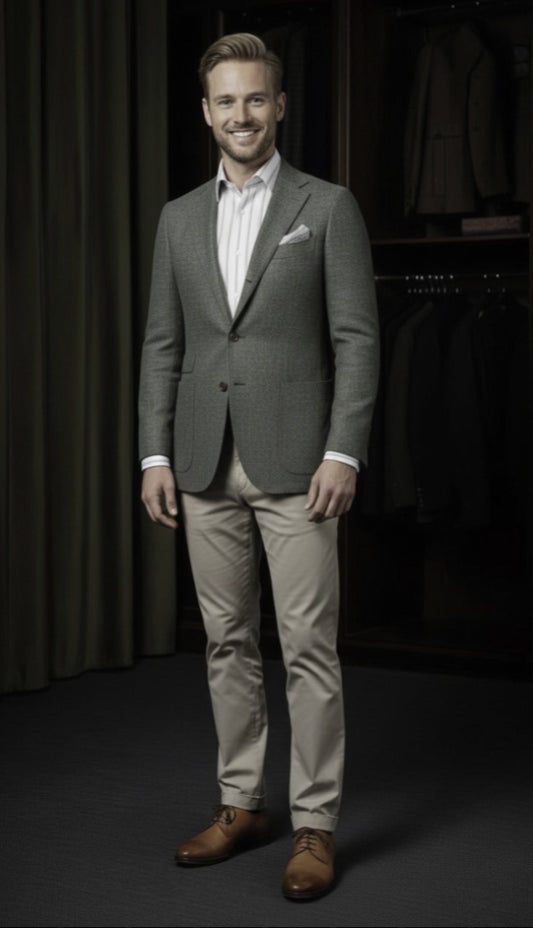 Man wearing a green suit with a white shirt and brown shoes in a dark room.