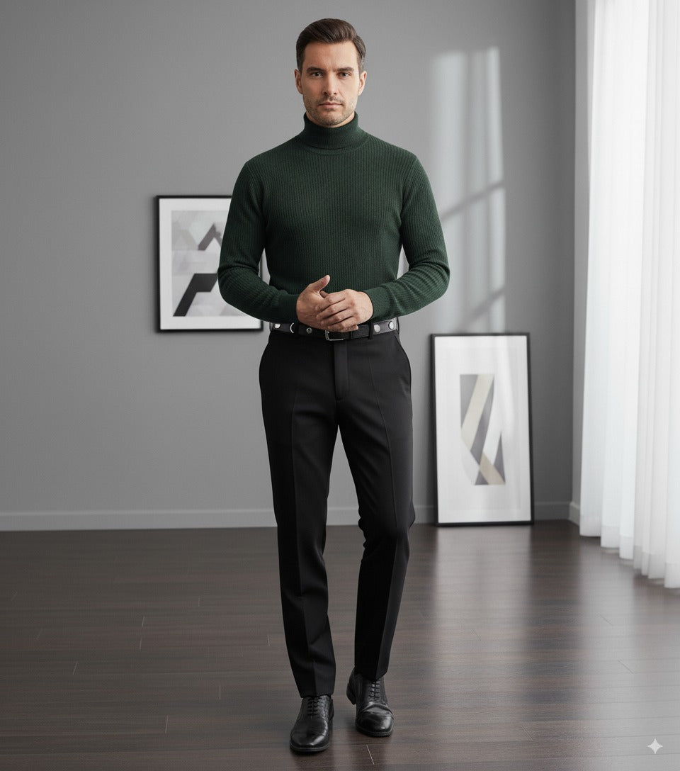 Man wearing a green turtleneck sweater and black pants in a room with gray walls and framed pictures.