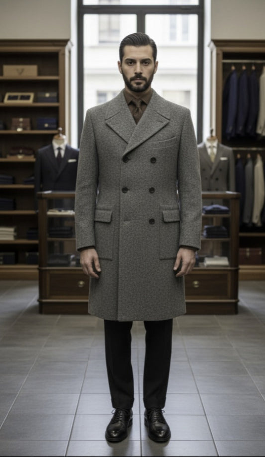Man wearing a grey overcoat in a clothing store setting