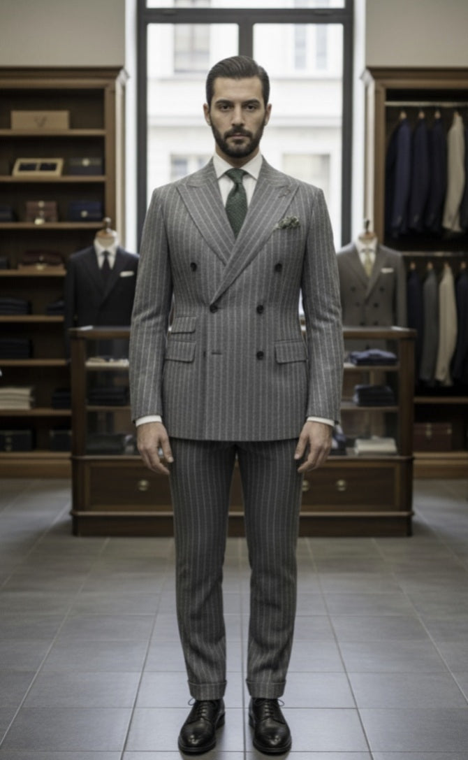 Man wearing a grey pinstripe suit in a clothing store.
