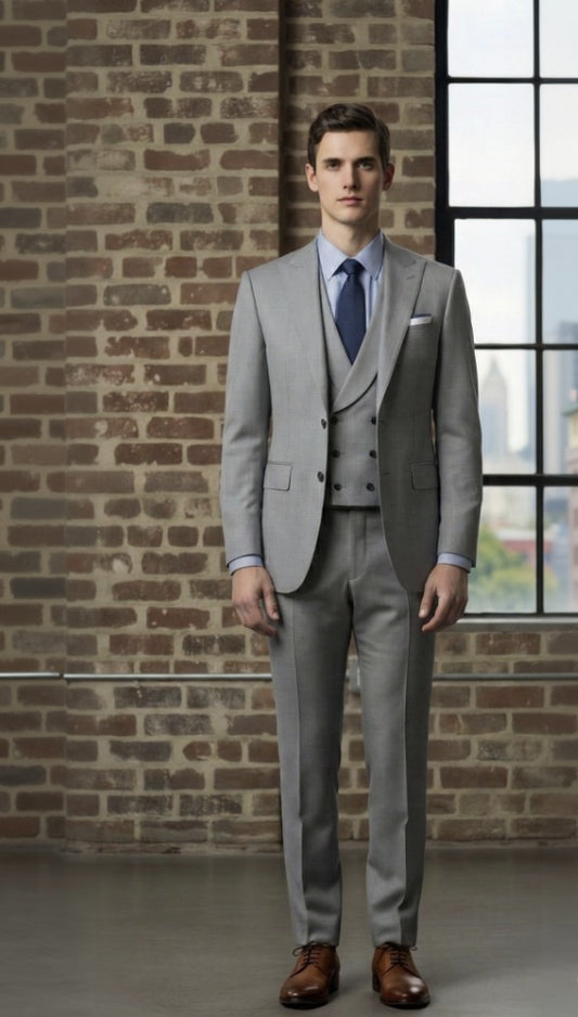 Man wearing a grey suit standing against a brick wall.
