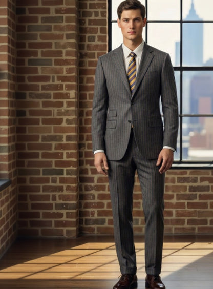 Man wearing a grey suit with a striped tie standing in front of a brick wall and large window.