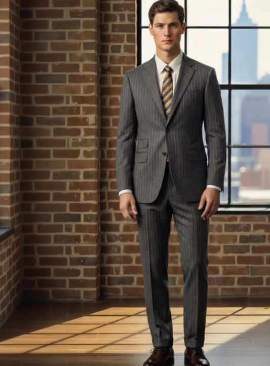Man wearing a grey suit with a striped tie standing in front of a brick wall and large window.
