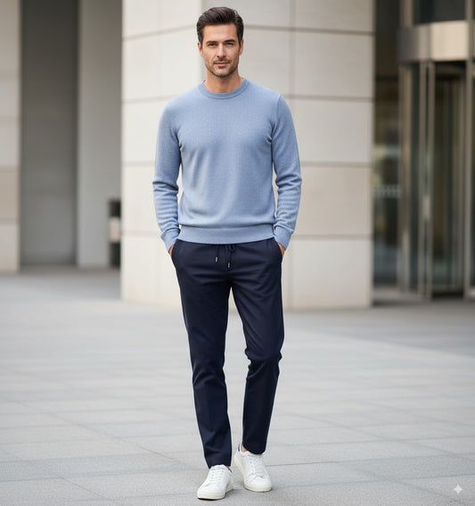 Man wearing a light blue sweater and dark pants standing in an urban setting.