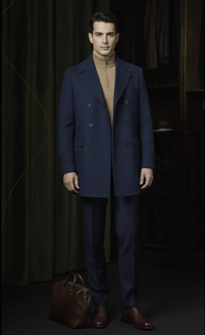 Man wearing a navy blue coat and suit with a brown bag in a dark setting