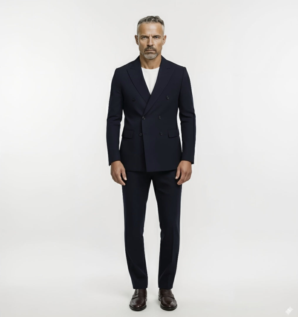 Man wearing a navy blue suit on a white background