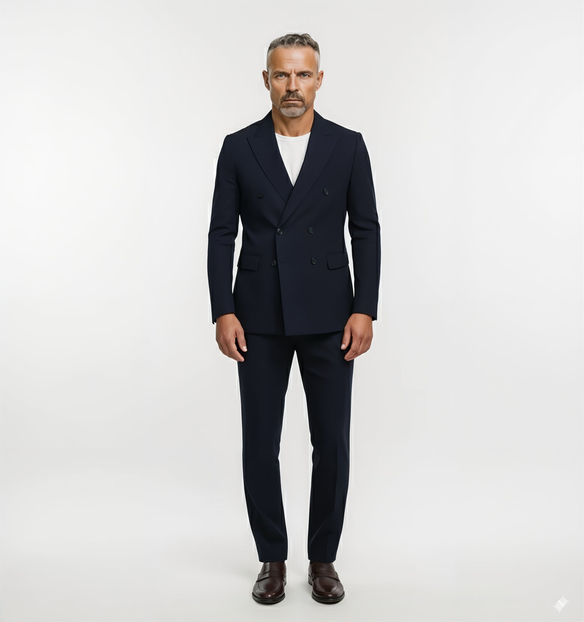 Man wearing a navy blue suit on a white background