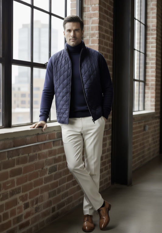Man wearing a navy puffer Gilet and white pants leaning against a brick wall with large windows.