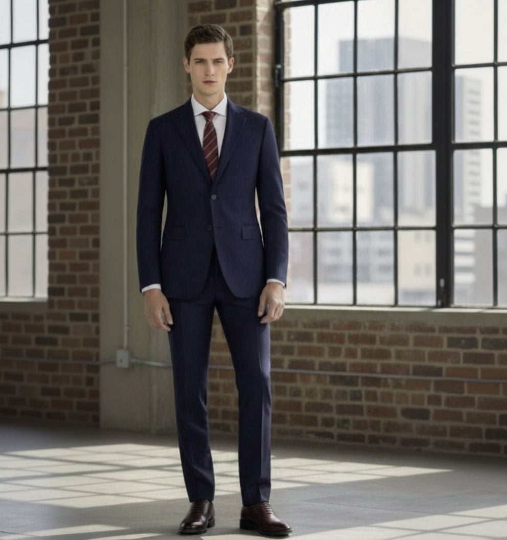 Man wearing a navy suit with a red tie in an urban setting with large windows and brick walls.