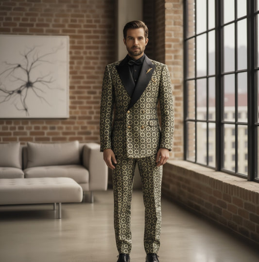Man wearing a patterned suit standing in a modern room with brick walls and large windows