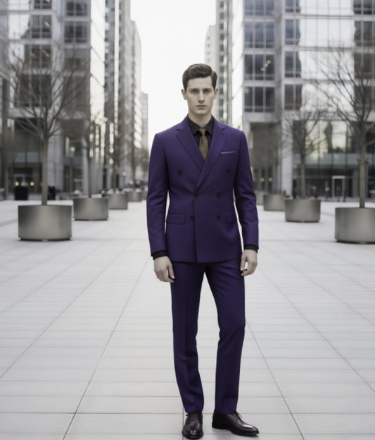 Man wearing a purple suit standing in an urban setting with modern buildings.