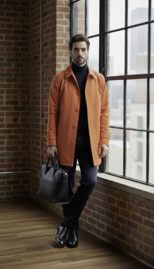 Man in an orange coat holding a black bag against a brick wall.
