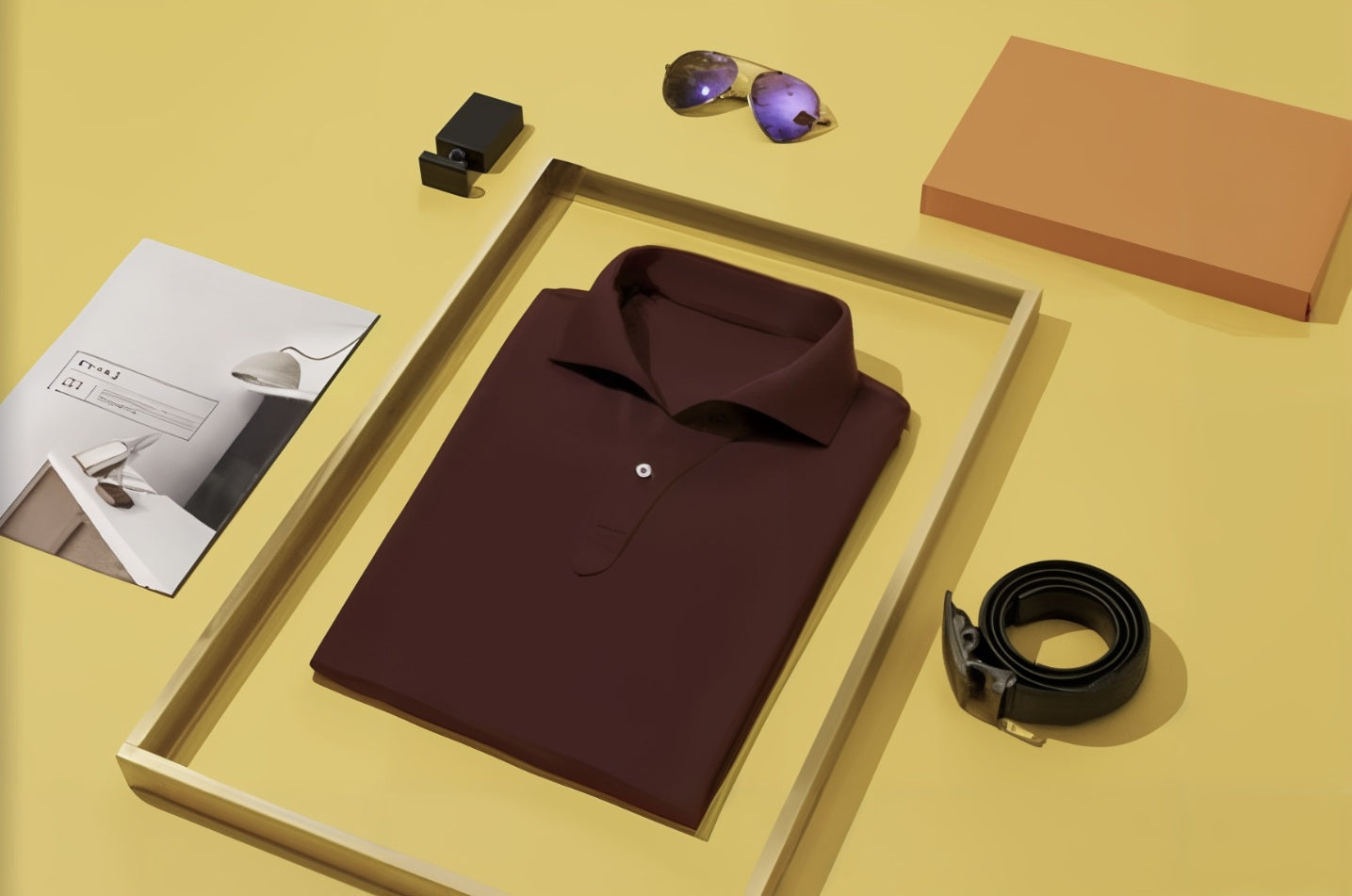 Maroon polo shirt in a box with sunglasses, wallet, and belt on a yellow background