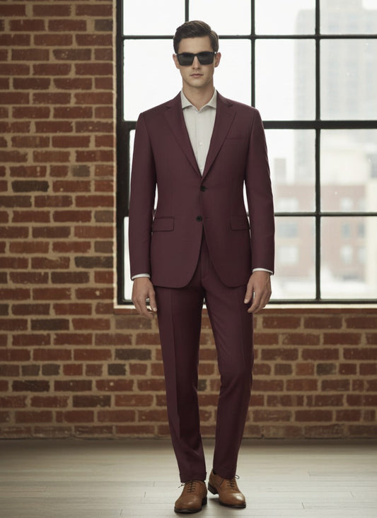 Man wearing a burgundy suit standing in front of a brick wall with large windows.