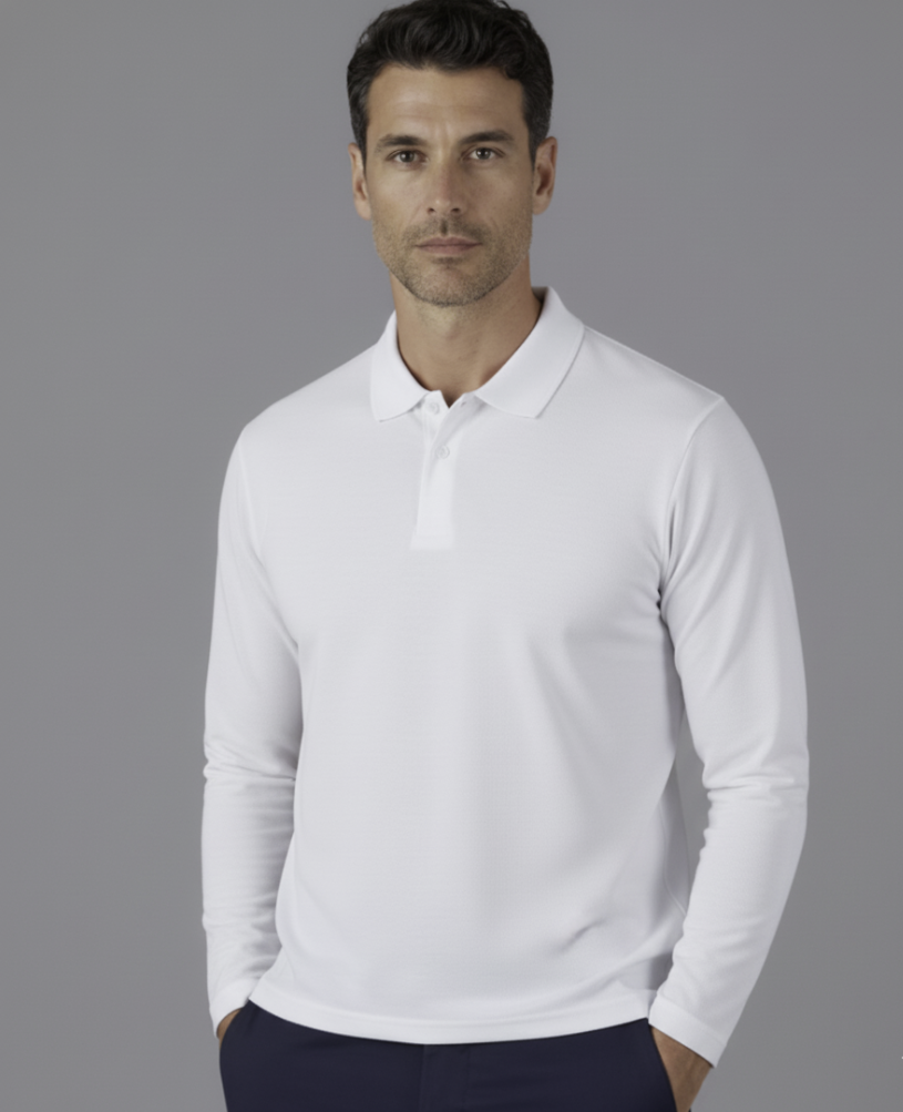 Man wearing a white long-sleeve polo shirt against a gray background