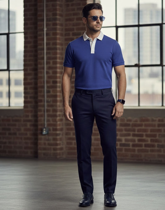 Man wearing a blue polo shirt and dark pants standing in an urban setting with large windows and brick walls.