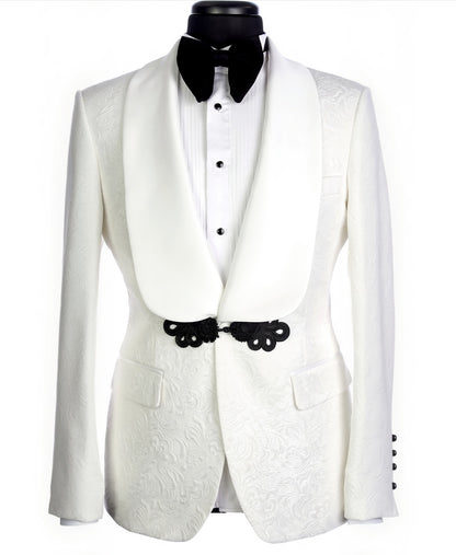 2pc White Single Breasted Tuxedo Jacket and Black Formal Trousers / Italian Pure Wool