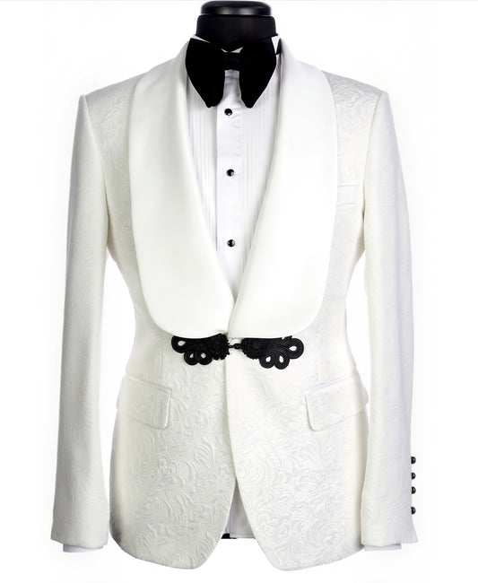 2pc White Single Breasted Tuxedo Jacket and Black Formal Trousers / Italian Pure Wool