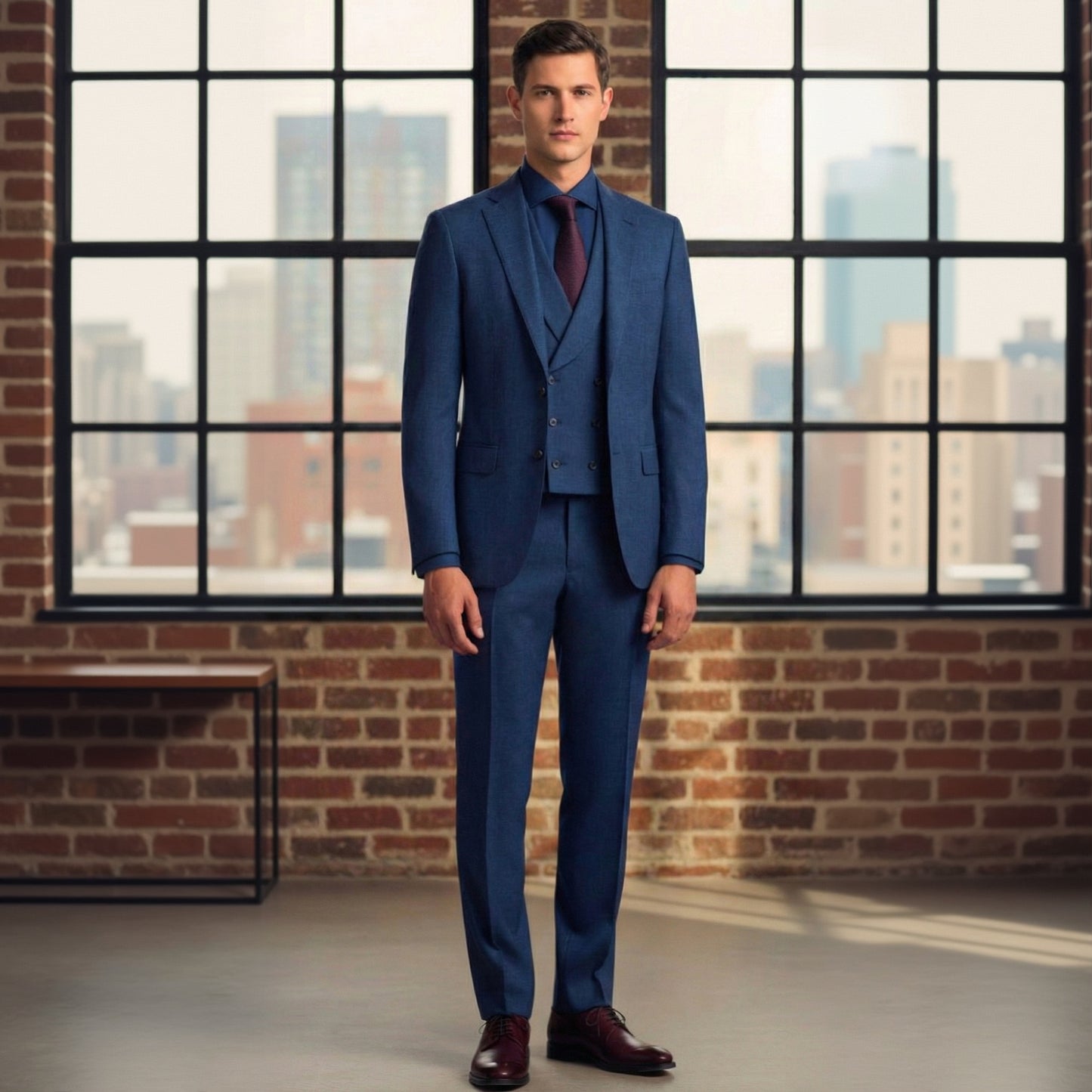 3pc Blue Herringbone Single Breasted / Three Piece Suit Italian Pure Wool Super 110'S