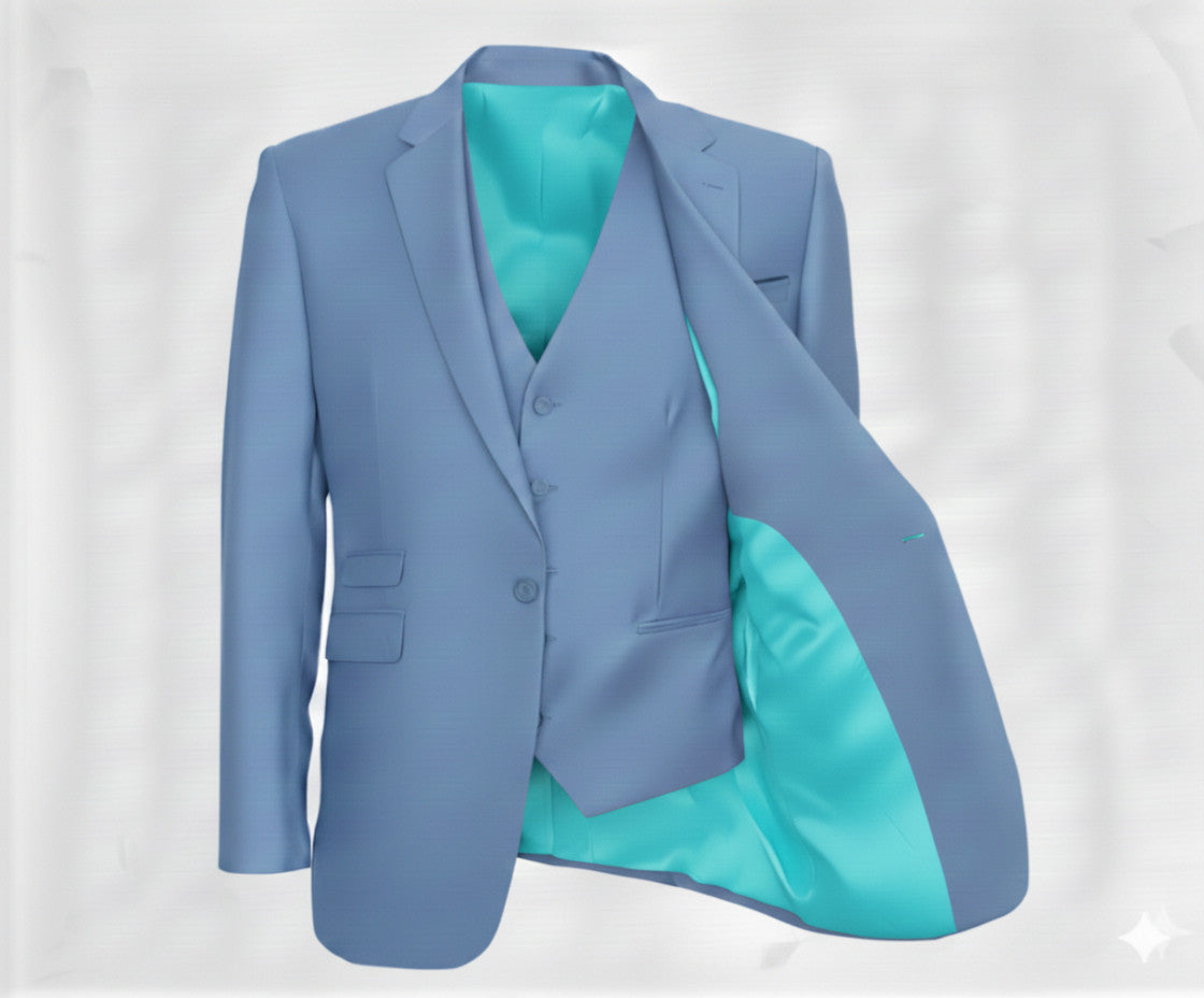 3pc English Pure Wool Dusty Blue Super 120's Three Piece Suit