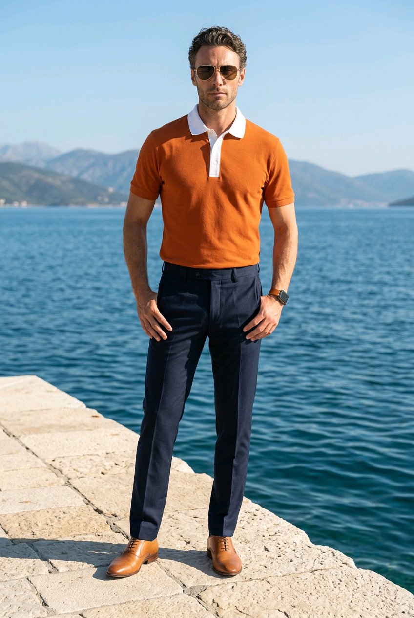 Mens An orange short-sleeve polo shirt with a white collar and white placket, hanging on a wooden hanger from a rustic wooden peg rack against a textured off-white wall.
