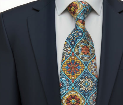 Mens Bespoke Necktie FL-19 Ethnic Asian Moroccan Mosaic