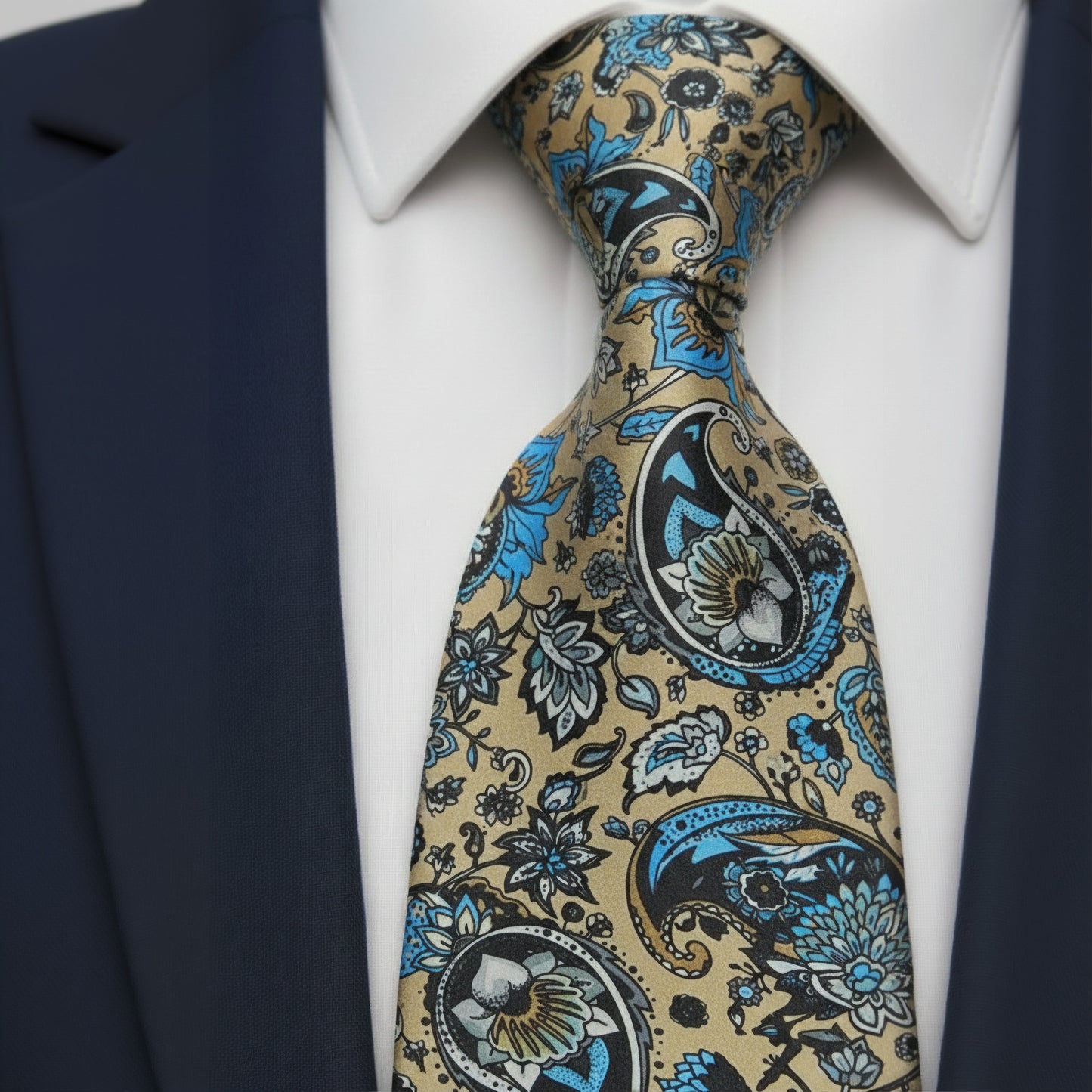 Mens Bespoke Necktie FL-22 Beige /Teal Flowers