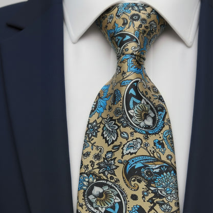 Mens Bespoke Necktie FL-22 Beige /Teal Flowers