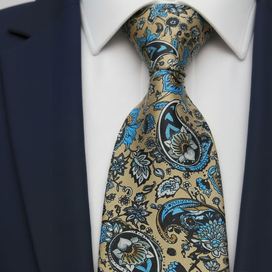 Mens Bespoke Necktie FL-22 Beige /Teal Flowers