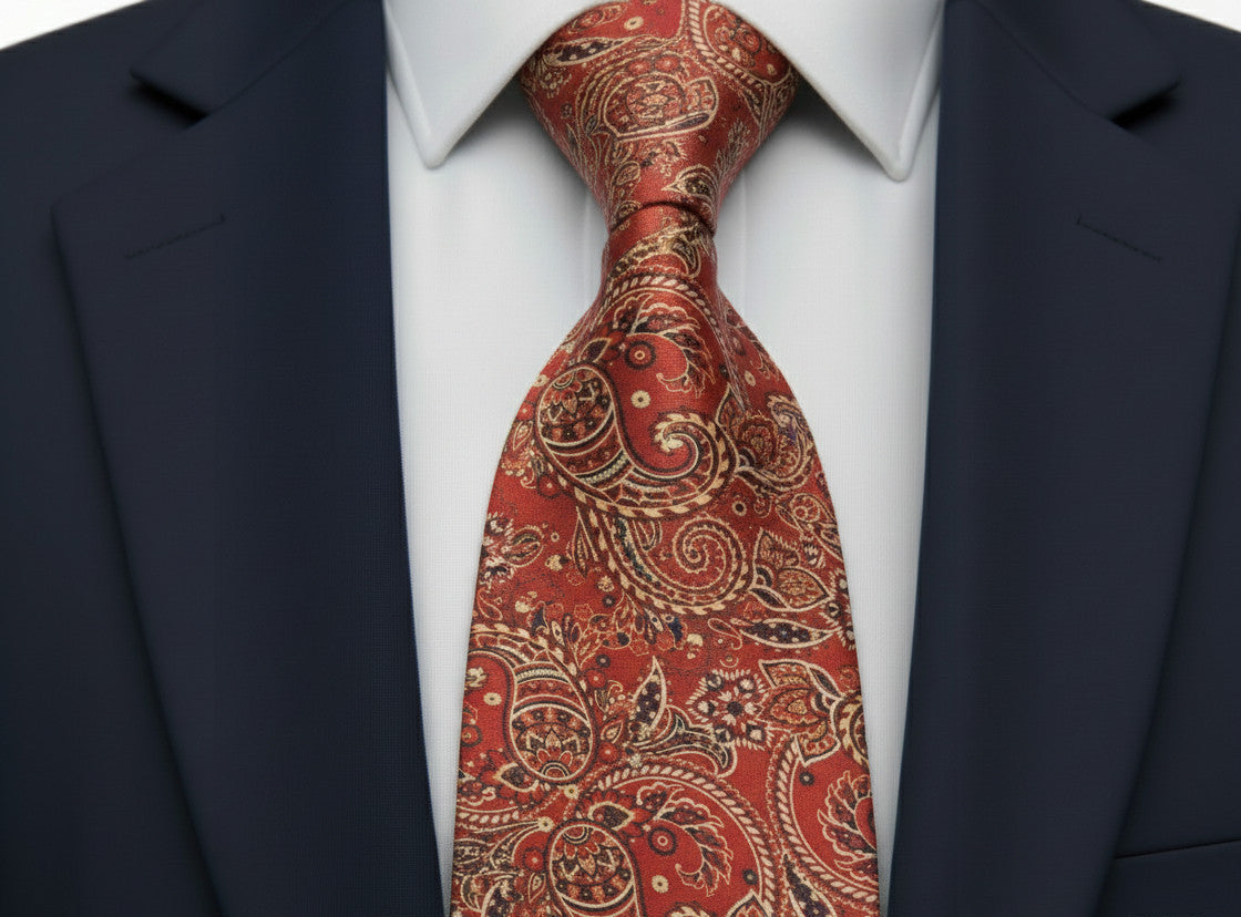 Mens Bespoke Necktie FL-23 Orange /Beige Paisley