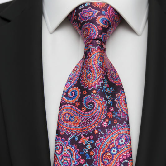 Mens Bespoke Necktie FL-25 Purple/Navy/Pink Paisley