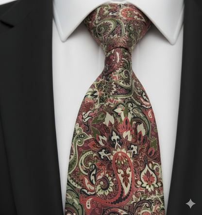 Mens Bespoke Necktie FL-27 Burgundy/Olive Paisley
