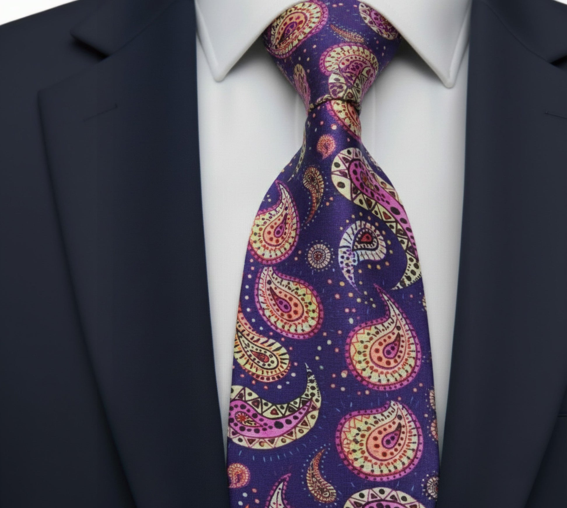 Mens Bespoke Necktie FL-28 Purple/ Yellow Paisley