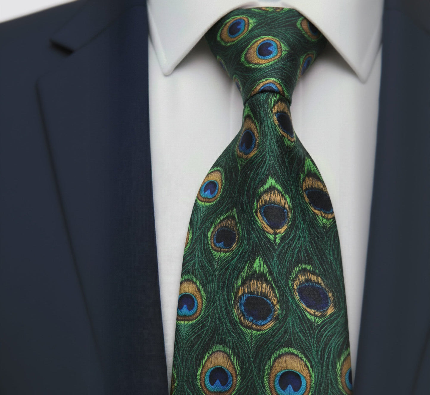 Peacock feather patterned tie worn with a suit and white shirt.