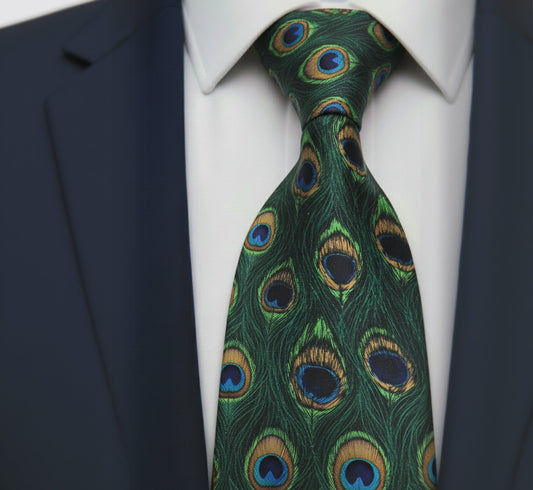 Peacock feather patterned tie worn with a suit and white shirt.