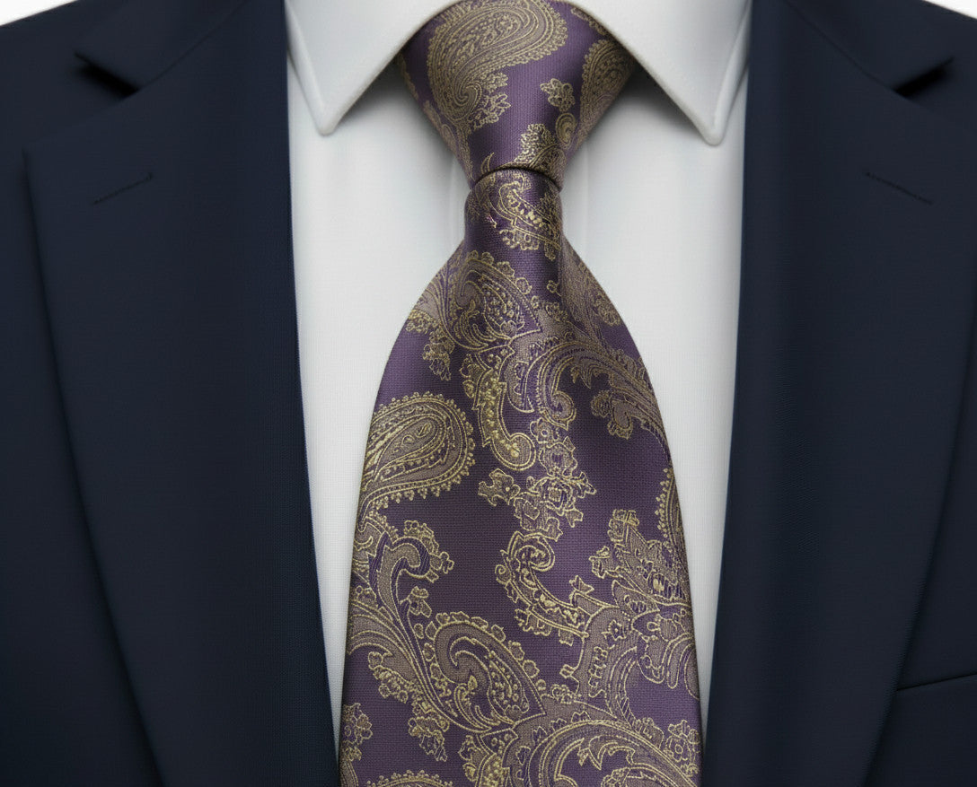 Mens Bespoke Necktie  P-181 Lilac/Gold Paisley