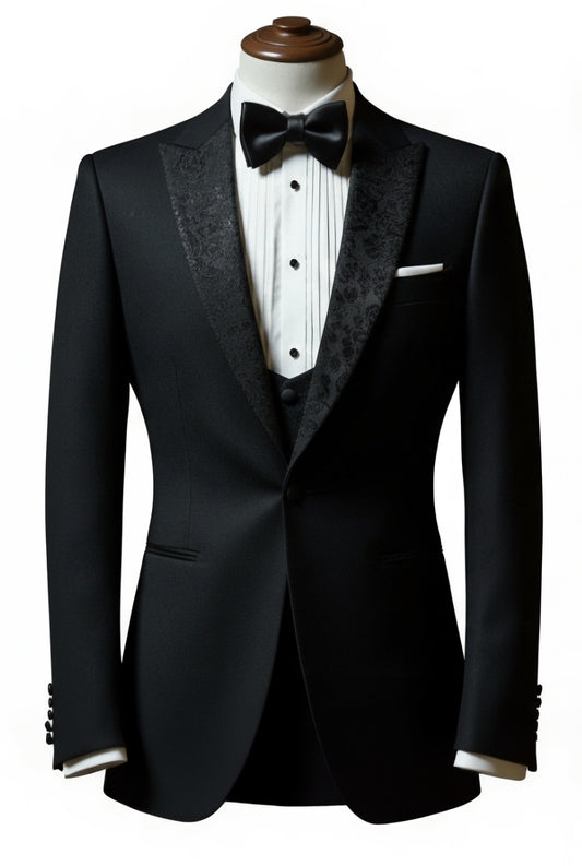 3pc Black Mohair Single Breasted Tuxedo Jacket + Waistcoat and Black Formal Trousers / Italian Pure Wool
