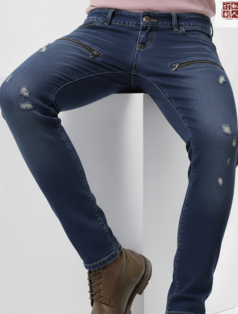 Blue jeans with distressed details worn by a person on a white background
