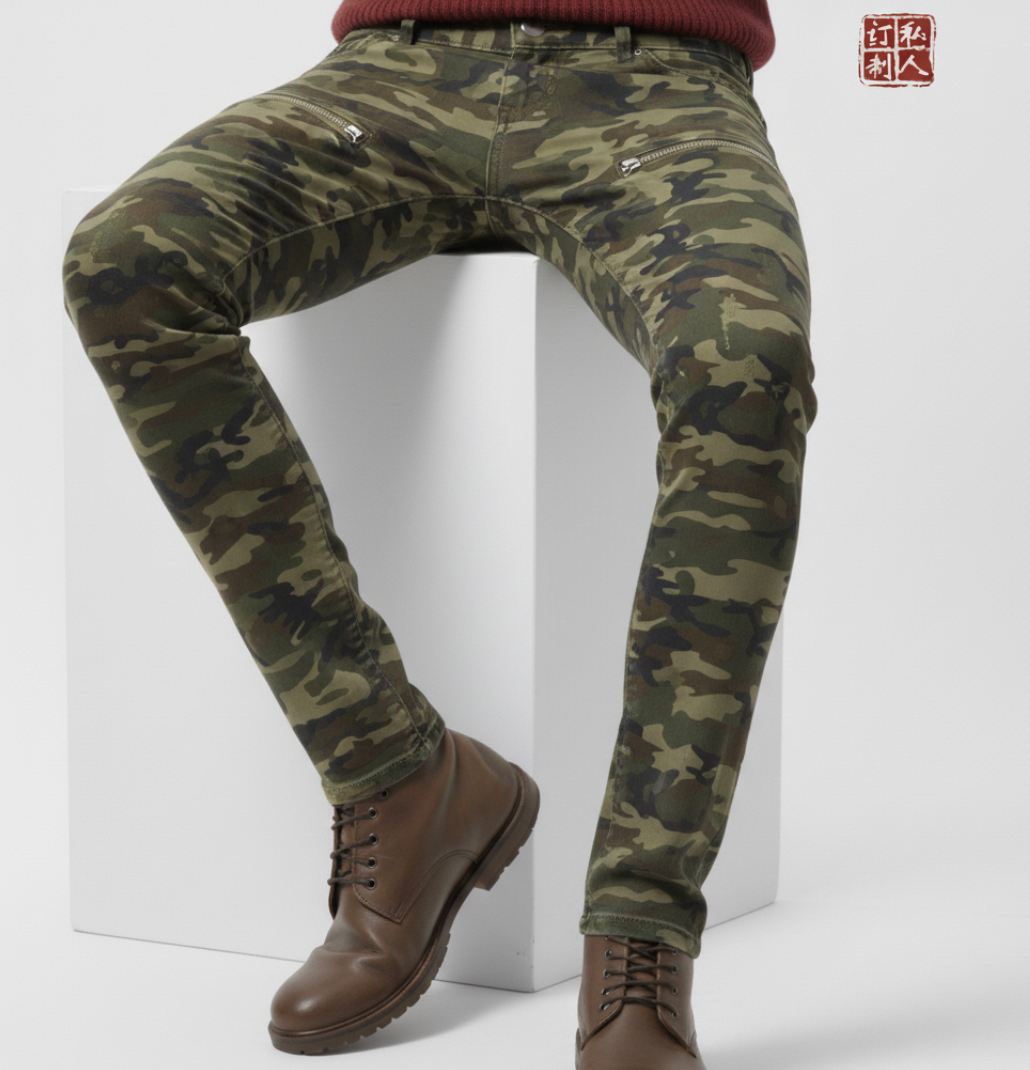 Camouflage pants worn by a person on a white background