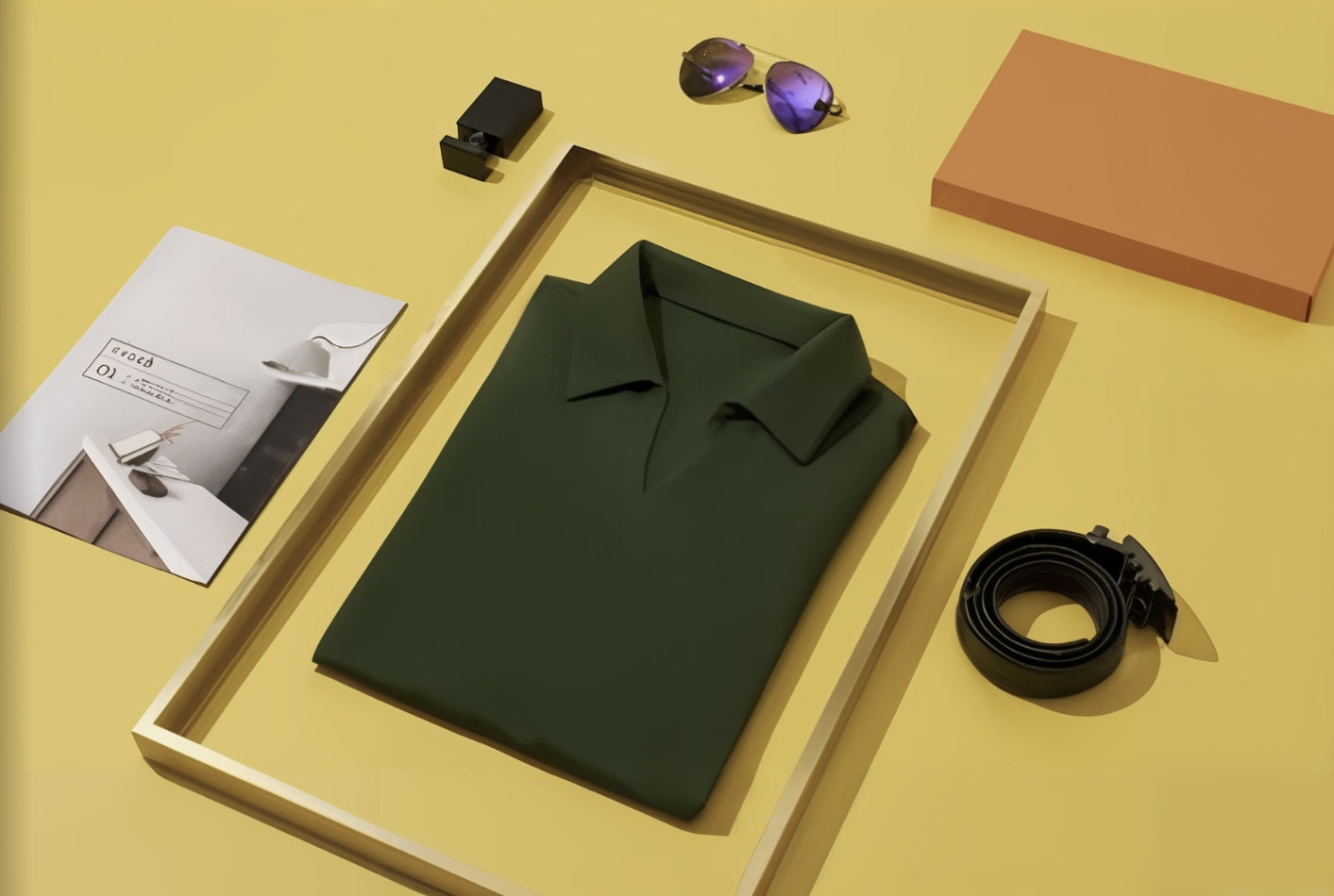 Green shirt in a box with accessories on a yellow background