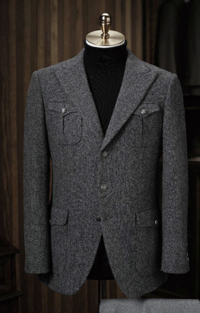 Mens Grey blazer on a mannequin against a dark background