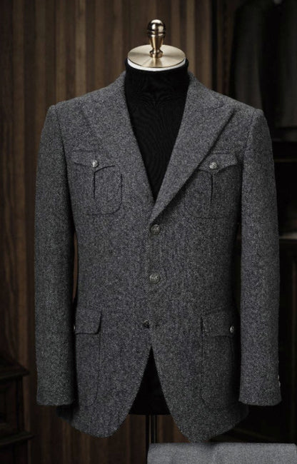 Mens Grey blazer on a mannequin against a dark background