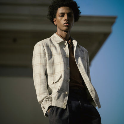 Italian White -Beige Linen Single Breasted Six Button Style Jacket Plus Navy Trousers